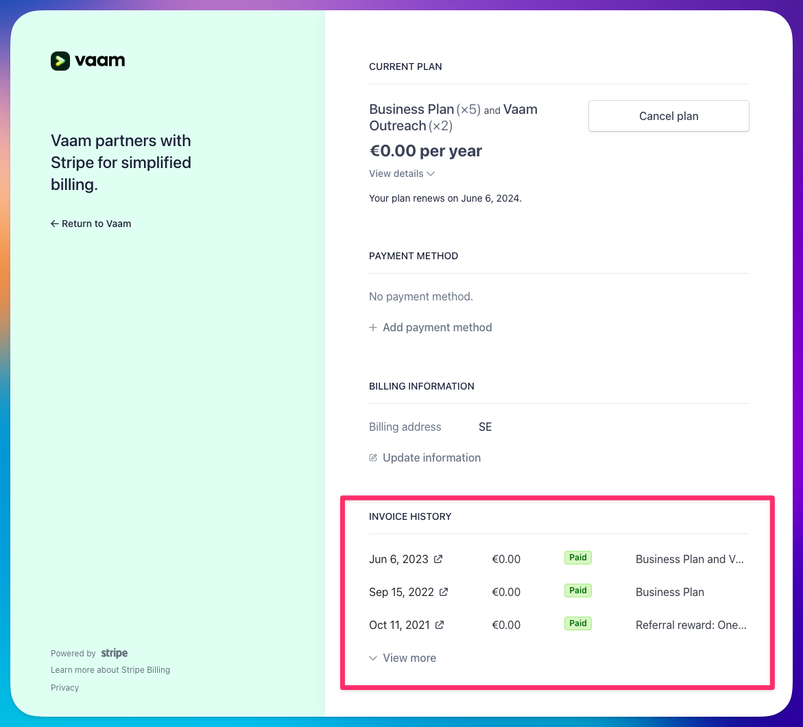 Invoices list on the billing management page